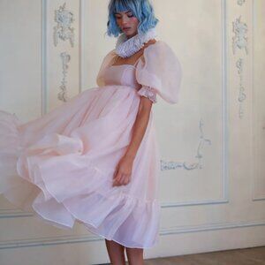 Selkie Peach Skin French Puff Midi Dress XS NWT